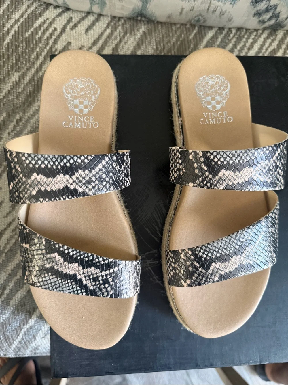 Vince Camuto Women’s Snake-Print Espadrille Slide Sandals in Black and Tan
